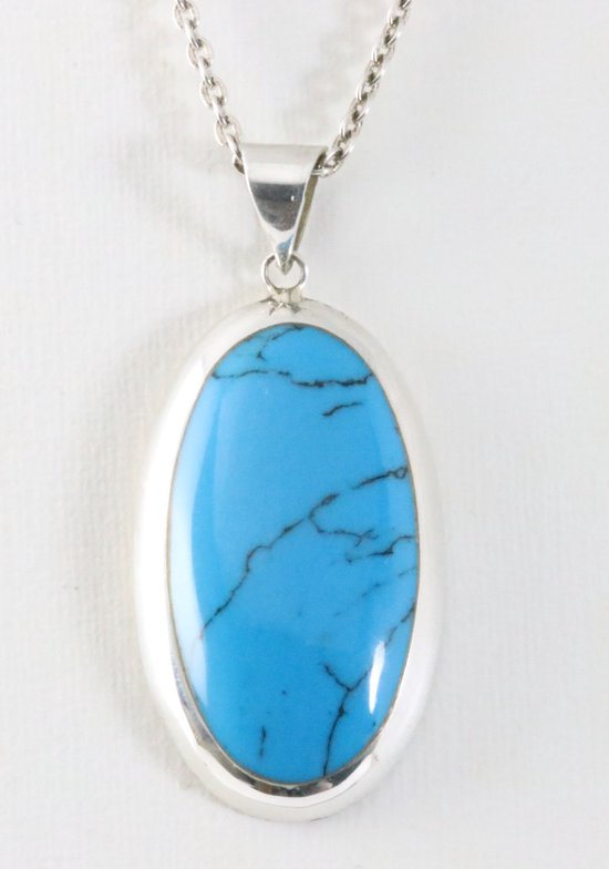 Grote ovale hoogglans zilveren hanger met blauwe turkoois aan ketting afbeelding 1
