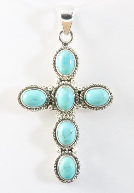Bewerkte zilveren kruishanger met Arizona turkoois afbeelding 1