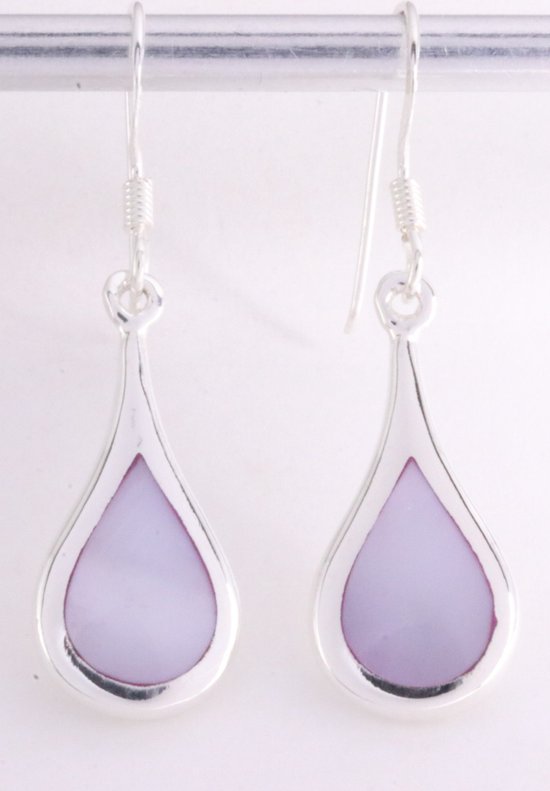 Druppelvormige zilveren oorbellen met paarse parelmoer afbeelding 1