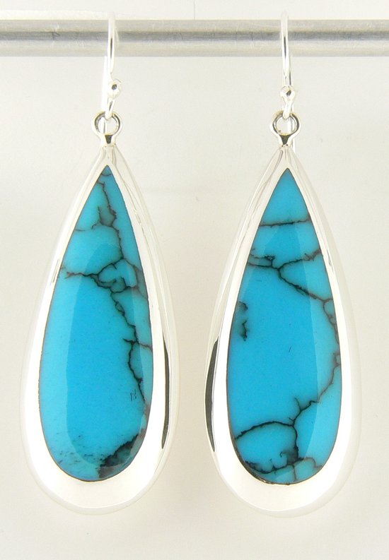 Grote druppelvormige zilveren oorbellen met blauwe turkoois afbeelding 1