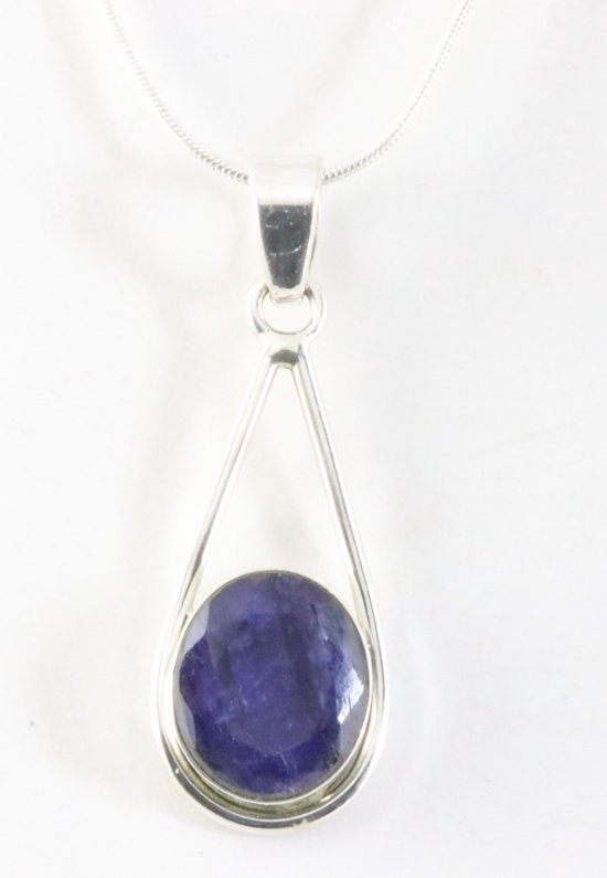 Zilveren hanger met blauwe saffier aan ketting afbeelding 1
