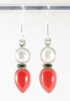 Fijne zilveren oorbellen met rode koraal steen en parel afbeelding 1