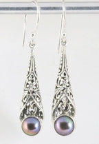 Traditionele opengewerkte zilveren oorbellen met zwarte parel afbeelding 1