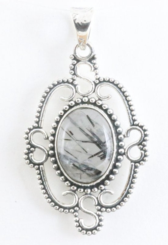 Opengewerkte zilveren hanger met zwarte rutielkwarts afbeelding 1