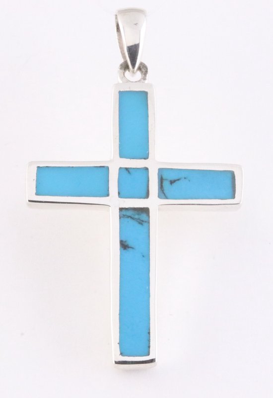 Zilveren kruishanger met blauwe turkoois afbeelding 1