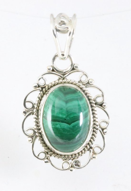 Opengewerkte zilveren hanger met malachiet afbeelding 1