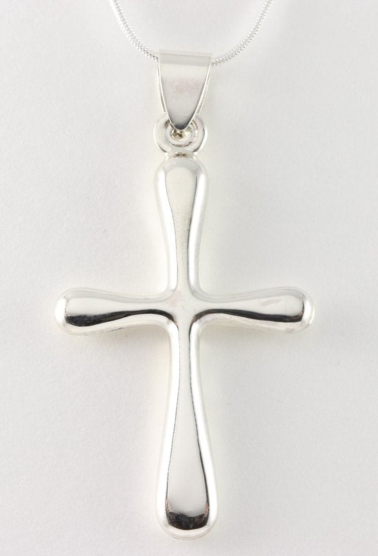 Lange hoogglans zilveren kruishanger aan ketting afbeelding 1