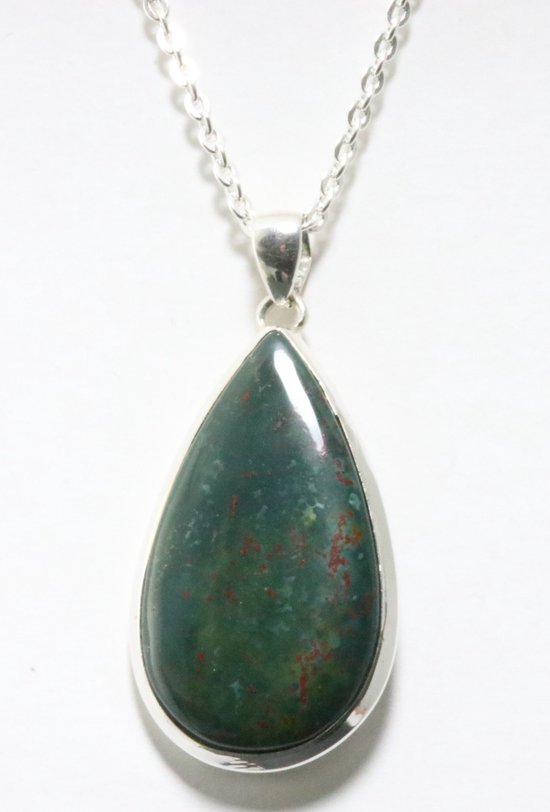 Grote druppelvormige zilveren hanger met Afrikaanse rode bloedsteen aan ketting afbeelding 1