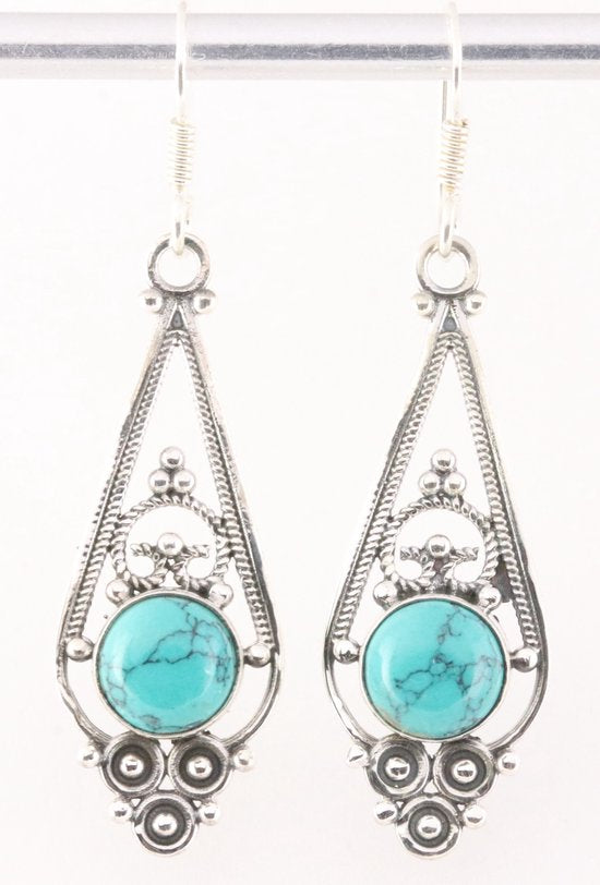 Lange opengewerkte zilveren oorbellen met turkoois afbeelding 1