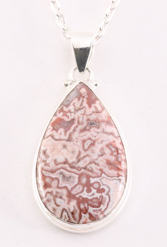 Druppelvormige zilveren hanger met roze Rosetta jaspis aan ketting afbeelding 1