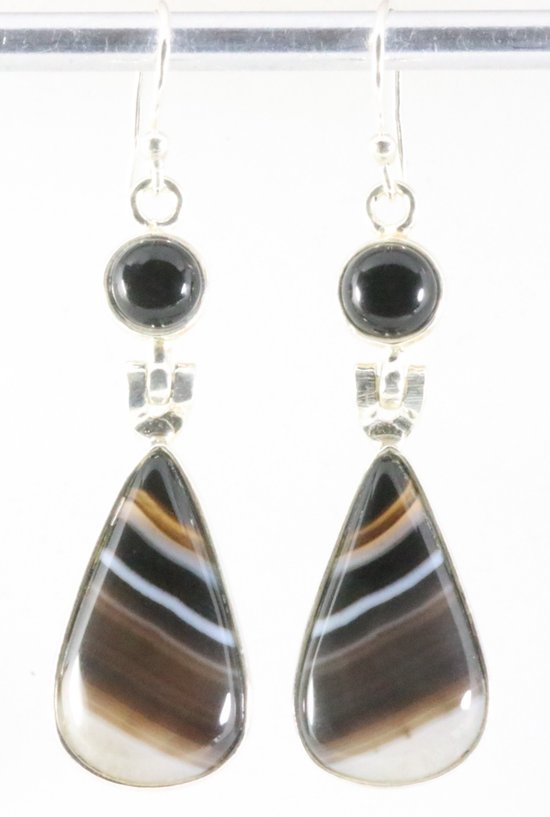 Lange zilveren oorbellen met Botswana agaat en onyx afbeelding 1