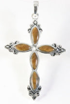 Grote bewerkte zilveren kruishanger met tijgeroog afbeelding 5