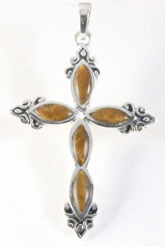 Grote bewerkte zilveren kruishanger met tijgeroog afbeelding 5