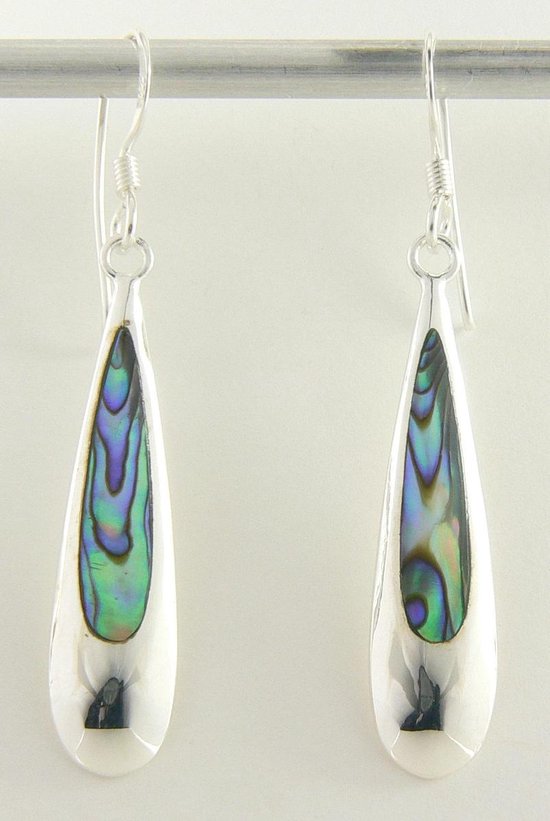 Lange druppelvormige zilveren oorbellen met abalone schelp afbeelding 1