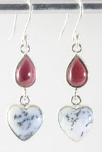 Zilveren hartjes oorbellen met dendriet opaal en granaat afbeelding 1