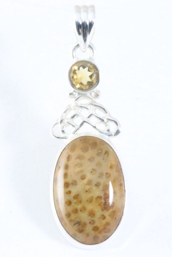 Opengewerkte zilveren hanger met plum wood jaspis en citrien afbeelding 1