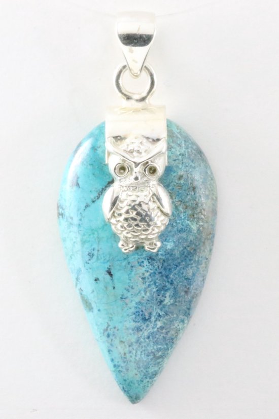 Zilveren hanger met uil op chrysocolla steen afbeelding 1