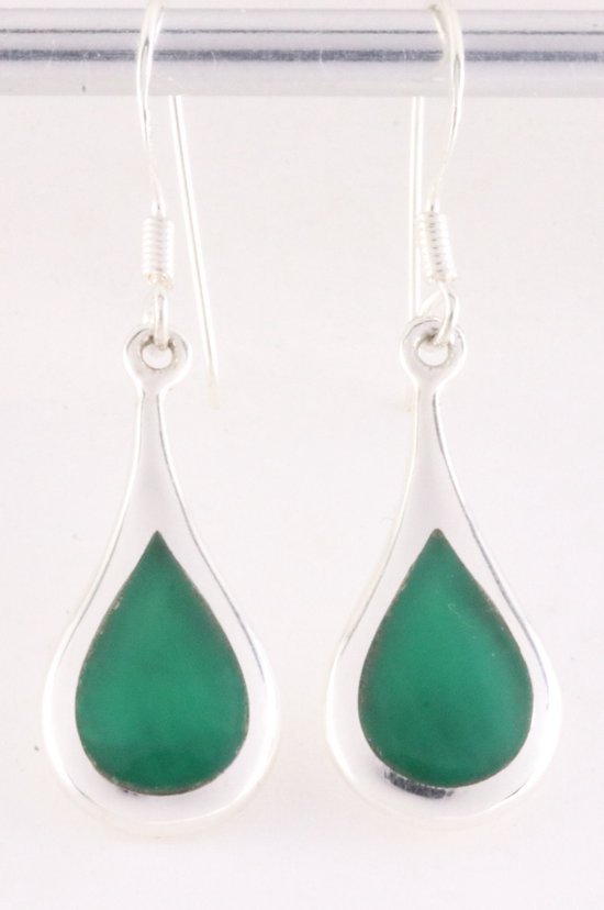 Druppelvormige zilveren oorbellen met groene agaat afbeelding 1