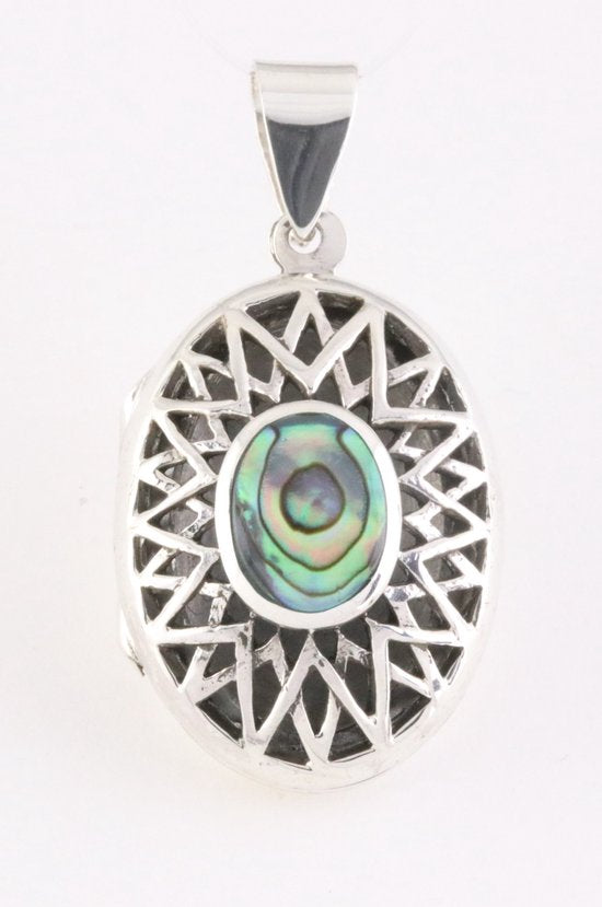 Ovaal opengewerkt zilveren medaillon met abalone schelp afbeelding 1