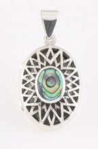 Ovaal opengewerkt zilveren medaillon met abalone schelp afbeelding 1