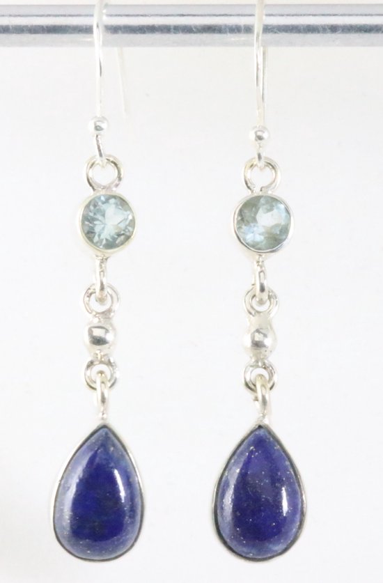 Lange zilveren oorbellen met lapis lazuli en blauwe topaas afbeelding 1