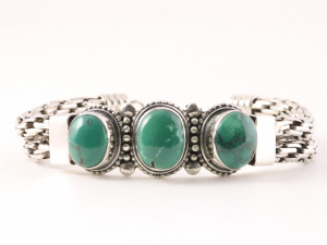 32227 Zware gevlochten zilveren armband met Tibetaanse groene turkoois