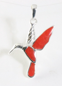 43498 Zilveren kolibrie hanger met rode koraal steen